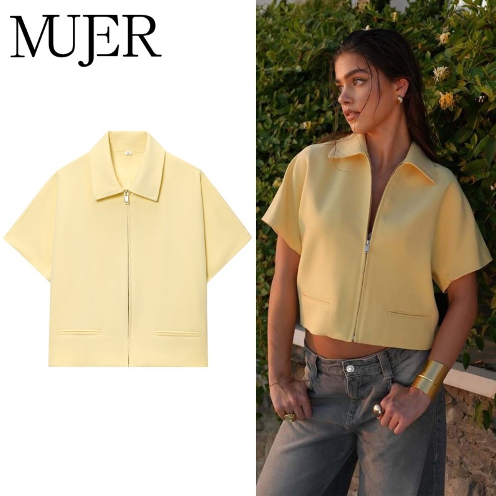 Zara Yellow Zip-Front Cropped Shirt